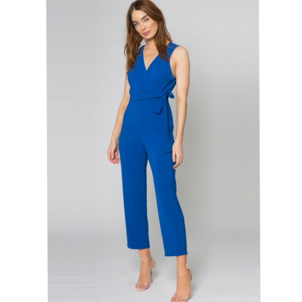 Lavender Brown Sapphire Blue Sleeveless V-Neck Tie Waist Jumpsuit